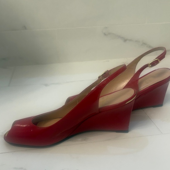 Stuart Weitzman Red Peep-Toe Wedge Sandals - Picture 4 of 8